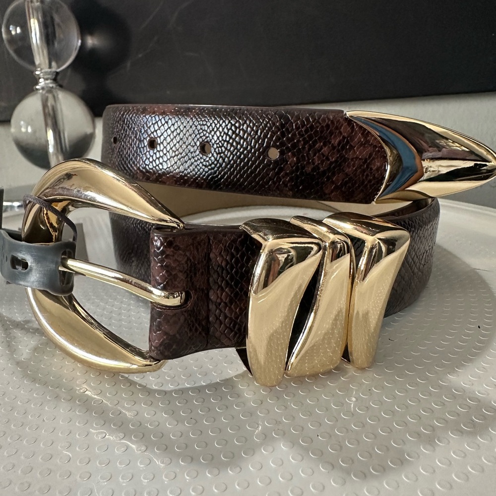 Vince Camuto Brown Snakeskin-Textured Belt with Gold Hardware